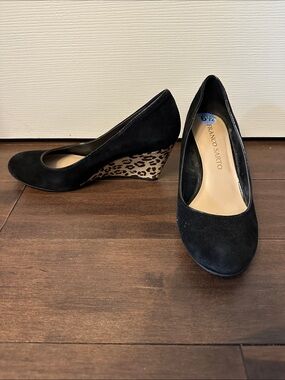 Franco Sarto Black Suede Wedges with Leopard-Print Heel